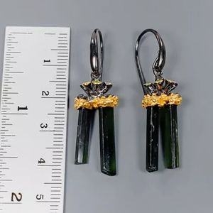 Dual green tourmaline pillar silver earrings
